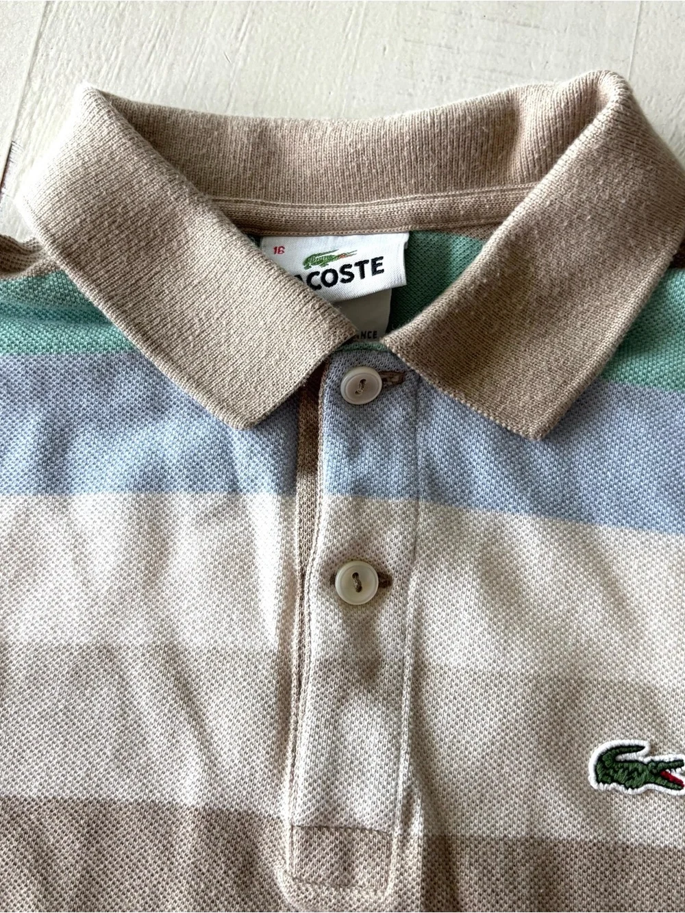 Vintage kids Lacoste Striped Polo in Mint, Light Blue & Taupe